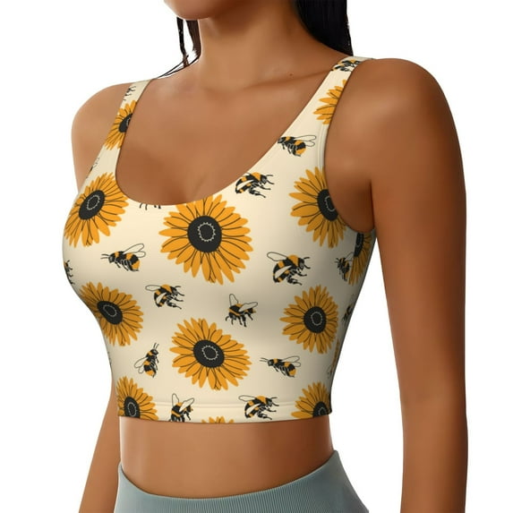 Haiem Sunflowers And Bee Pattern Womens Sports Bra - U Neck Padded Low Impact Yoga Bra Workout Crop Top Gym Moisture-Wicking Workout Vest -Small