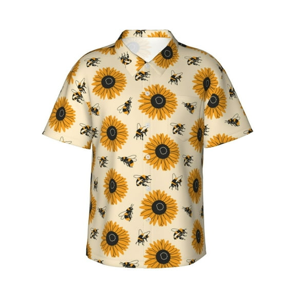 Haiem Sunflowers And Bee Printed Hawaiian Shirt for Men - Men’s Casual Beach Summer Shirts - Stretch Fabric with Modern Fit-Medium