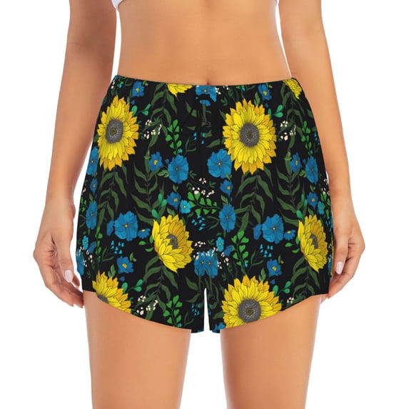 Haiem Sunflowers And Blue Flower Women's 2 in 1 Running Shorts - Lightweight Athletic Workout Gym Yoga Breathable Sports Shorts Liner with Phone Pockets-X-Large