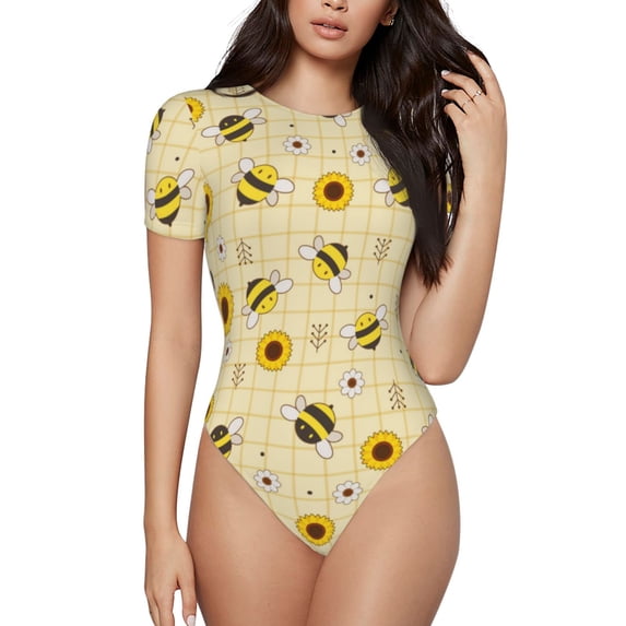 Haiem Sunflowers Bee Women's Crew Neck Short Sleeve Bodysuit Tops Stretchy Slim Basic-Small