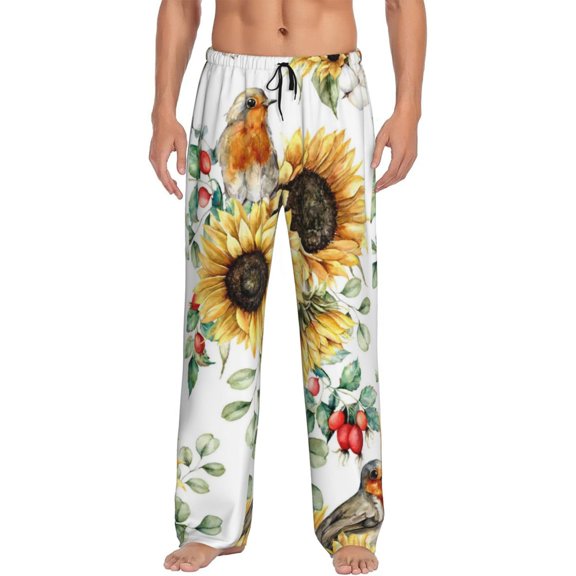 Haiem Sunflowers Leaves And Birds Men's Pajama Pants Ultra Lightweight Pjs Bottoms Sleepwear Bottom Pants with Pocket Drawstring-Medium