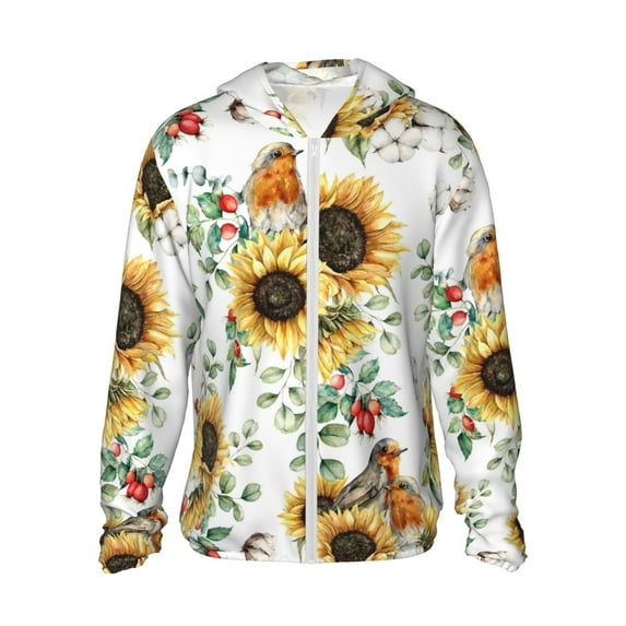 Haiem Sunflowers Leaves And Birds UPF 50+ Fishing Shirts for Men Long Sleeve UV Sun Protection Hoodie Non-Mask Outdoor Hiking Shirts