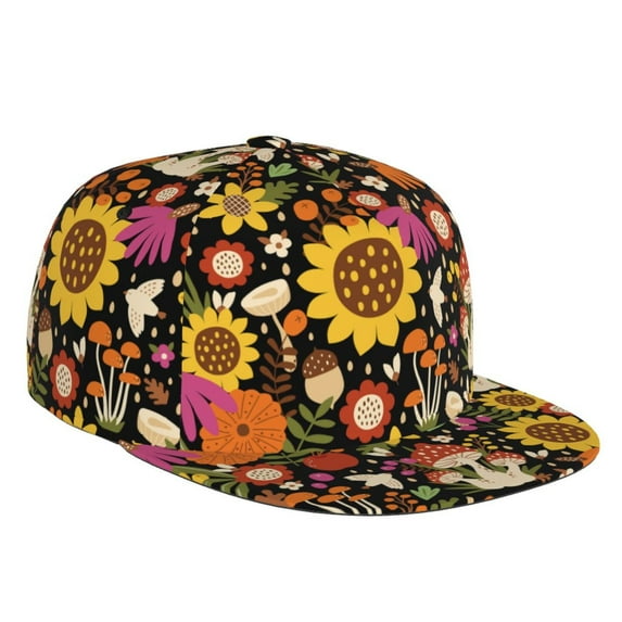 Haiem Sunflowers Mushrooms Classic Snapback Cap Flat Bill Hat Baseball Cap Adjustable Size Cotton Dad Hat