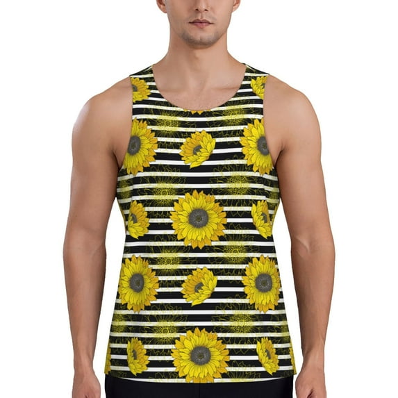Haiem Sunflowers On Black And White Stripes Men Workout Tank Top Gym Bodybuilding Sleeveless Muscle T Shirts Athletic Tank Breathable Workout Shirt-XX-Large