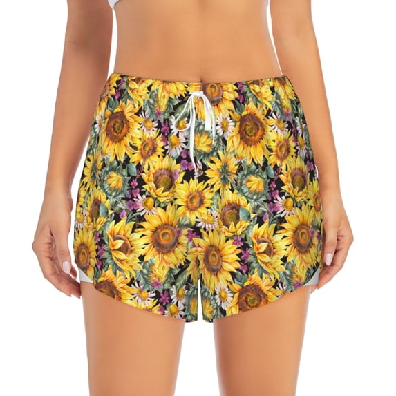 Haiem Sunflowers Vintage Women's 2 in 1 Running Shorts - Lightweight Athletic Workout Gym Yoga Breathable Sports Shorts Liner with Phone Pockets-Large