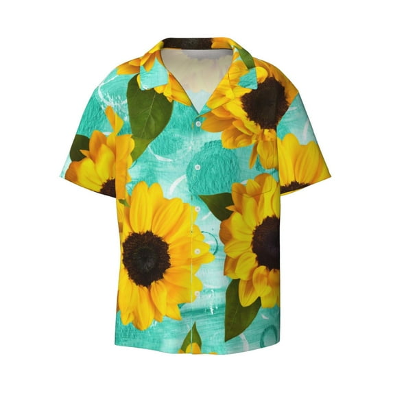 Haiem Sunflowers With Green Leaves Men's Casual Shirts Short Sleeve Button Down Shirts Fashion Textured Summer Beach Shirt-Large