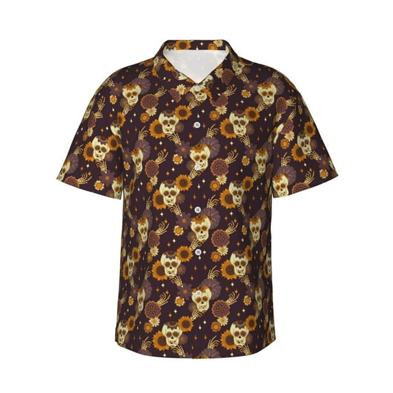 Haiem Sunflowers with Skull and Hand Printed Hawaiian Shirt for Men - Men’s Casual Beach Summer Shirts - Stretch Fabric with Modern Fit-3X-Large