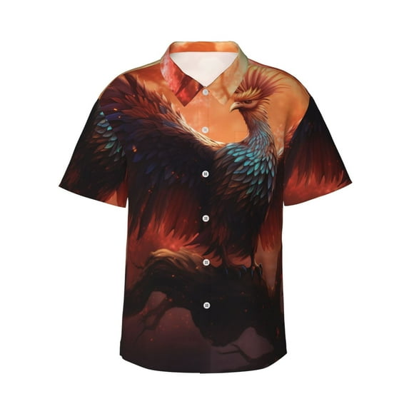 Haiem Sunset Blossoms Phoenix Perch Printed Hawaiian Shirt for Men - Men’s Casual Beach Summer Shirts - Stretch Fabric with Modern Fit-Large