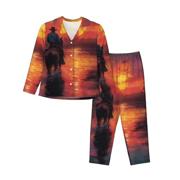 Haiem Sunset River Western Cowboy Pattern Women’s Long-sleeve Sleepwear,Sleepwear Set,2-piece Loungewear Set,Soft PJs Comfy Nightwear with Pockets-