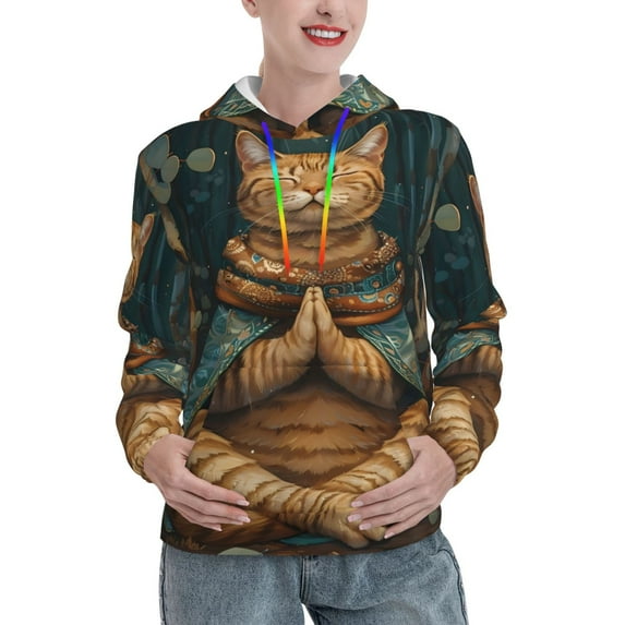 Haiem Surreal Meditating Cat for Women's Fashion Hoodies & Sweatshirts with Kangaroo Pocket,Hooded Sweatshirt with Eye-catching Drawstrings-Small