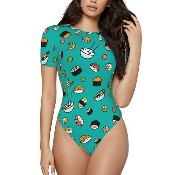 Haiem Sushi Women's Crew Neck Short Sleeve Bodysuit Tops Stretchy Slim Basic-Large