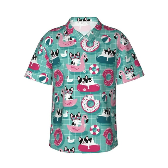 Haiem Swimming Bulldog Printed Hawaiian Shirt for Men - Men’s Casual Beach Summer Shirts - Stretch Fabric with Modern Fit-X-Large