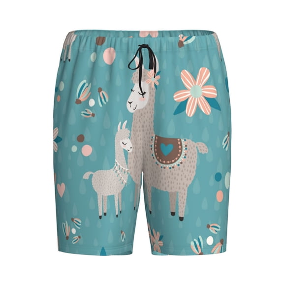 Haiem Teal Mama Llama Men's Pajama Short with Soft Woven Cotton Elastic Waistband Sleep Short-Small