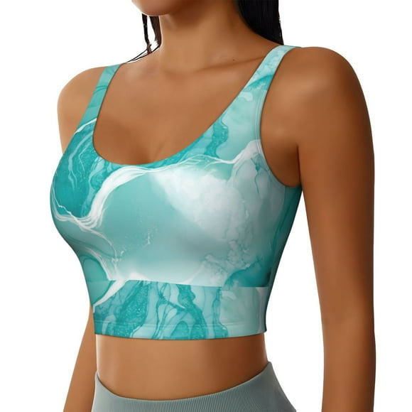 Haiem Teal Turquoise 1 Pattern Womens Sports Bra - U Neck Padded Low Impact Yoga Bra Workout Crop Top Gym Moisture-Wicking Workout Vest -