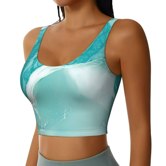 Haiem Teal Turquoise 1 Pattern Womens Sports Bra - U Neck Padded Low Impact Yoga Bra Workout Crop Top Gym Moisture-Wicking Workout Vest -