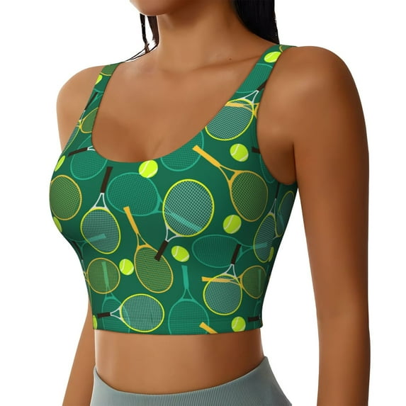 Haiem Tennis Rackets and Balls Pattern Womens Sports Bra - U Neck Padded Low Impact Yoga Bra Workout Crop Top Gym Moisture-Wicking Workout Vest -Medium