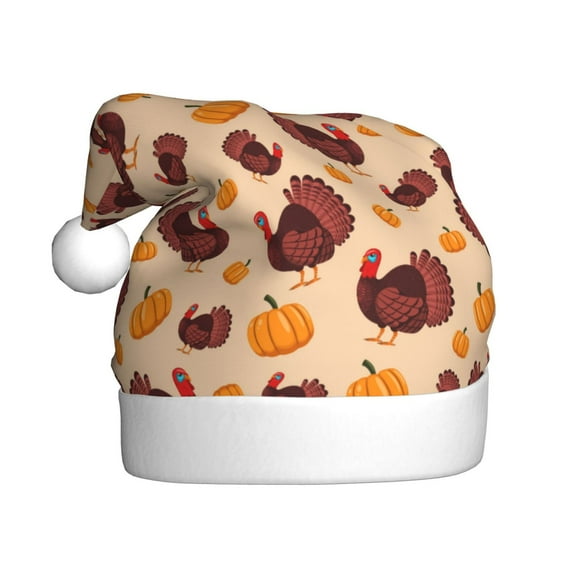 Haiem Thanksgiving Turkey and Pumpkin Pattern Santa Hat Confortable Velvet Christmas Hat for Christmas Party Favors Fit for Adults Men Women