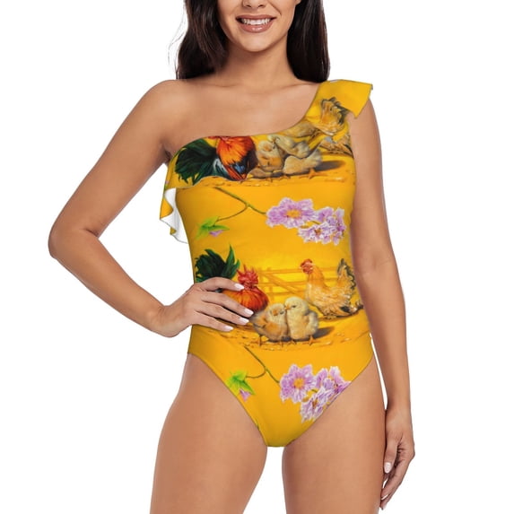 Haiem The Chicken Family Women's One Piece Swimsuits Tummy Control One Shoulder Bathing Suits Ruffle Swimwear-XX-Large