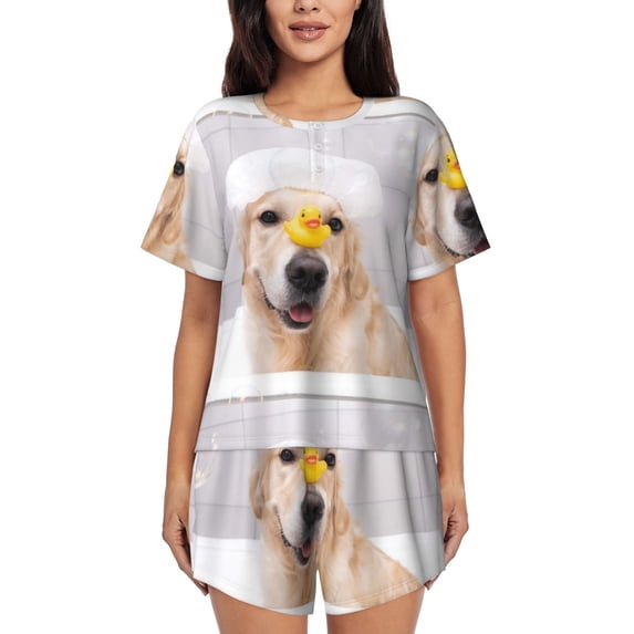 Haiem The Dog Is Sitting In A Bubble Bath Pattern Pajama Set for Women 2 Piece Lounge Set Short Sleeve Tops and Shorts Soft Sleepwear-Large