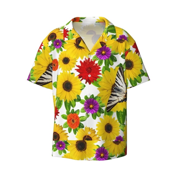 Haiem Tiger Swallowtail On Flowers Men's Casual Shirts Short Sleeve Button Down Shirts Fashion Textured Summer Beach Shirt-Large