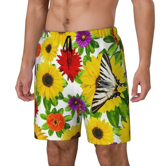 Haiem Tiger Swallowtail On Flowers Mens Swim Trunks with Compression Liner 2 in 1 Swimming Shorts Stretch Swimwear Quick Dry,Board Shorts-Medium