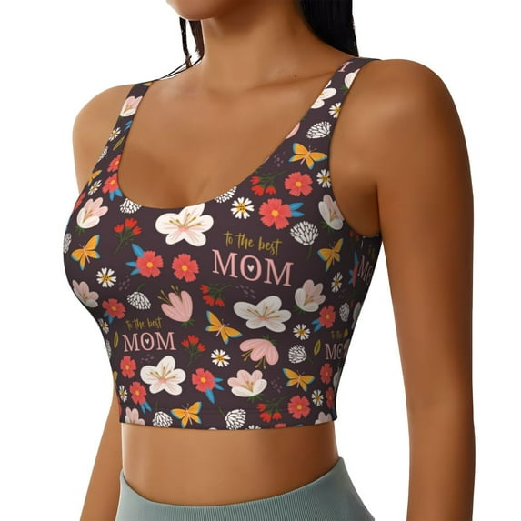 Haiem To The Best Mom Pattern Womens Sports Bra - U Neck Padded Low Impact Yoga Bra Workout Crop Top Gym Moisture-Wicking Workout Vest -Medium
