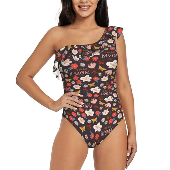 Haiem To The Best Mom Women's One Piece Swimsuits Tummy Control One Shoulder Bathing Suits Ruffle Swimwear-Medium