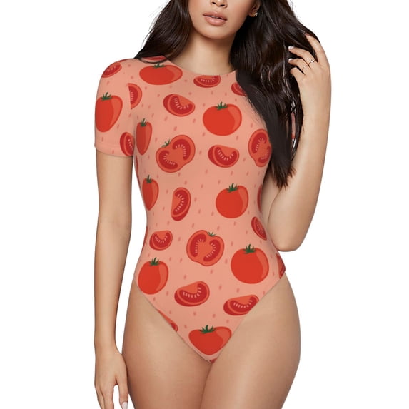 Haiem Tomato Women's Crew Neck Short Sleeve Bodysuit Tops Stretchy Slim Basic-XX-Large