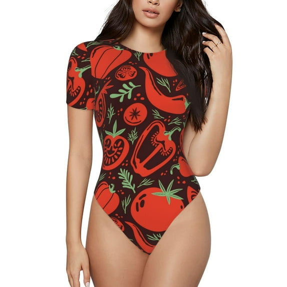 Haiem Tomatoes And Chili Women's Crew Neck Short Sleeve Bodysuit Tops Stretchy Slim Basic-Small