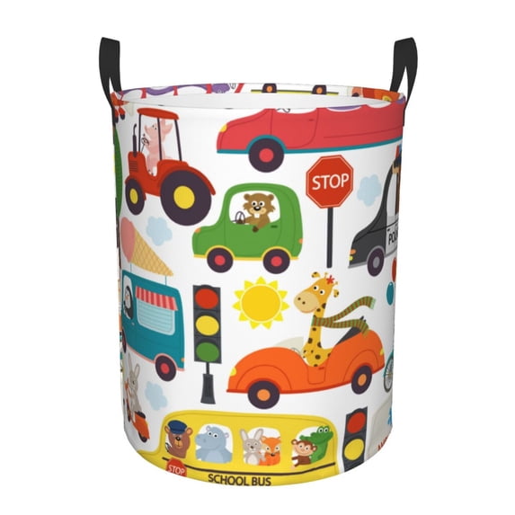 Haiem Transports With Animals Leather Dirty Clothes Laundry Basket,Sturdy & Waterproof,Collapsible Round Design For Efficient Space Management,Multi-Purpose Storage Basket