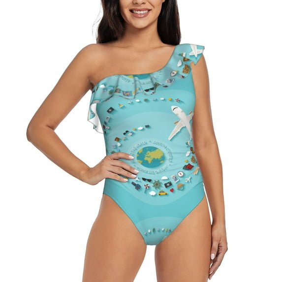 Haiem Travelling on Airplane Women's One Piece Swimsuits Tummy Control One Shoulder Bathing Suits Ruffle Swimwear-Small