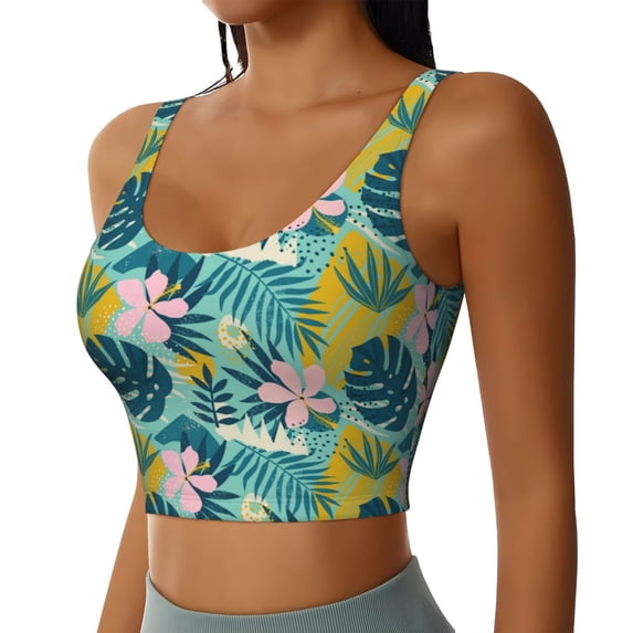 Haiem Tropical Floral Pattern Womens Sports Bra - U Neck Padded Low Impact Yoga Bra Workout Crop Top Gym Moisture-Wicking Workout Vest -Medium