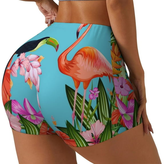 Haiem Tropical Jungle Flamingo No Front Seam Biker Shorts for Women Yoga Workout Gym Bike Shorts with Tummy Control Moisture-Wicking-Small