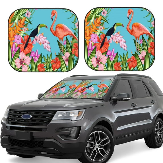 Haiem Tropical Jungle Flamingo Car Windshield Sun Shade (2 Pieces) Foldable Windshield Sun Shade Car Accessories for Truck SUV Pickup-Medium
