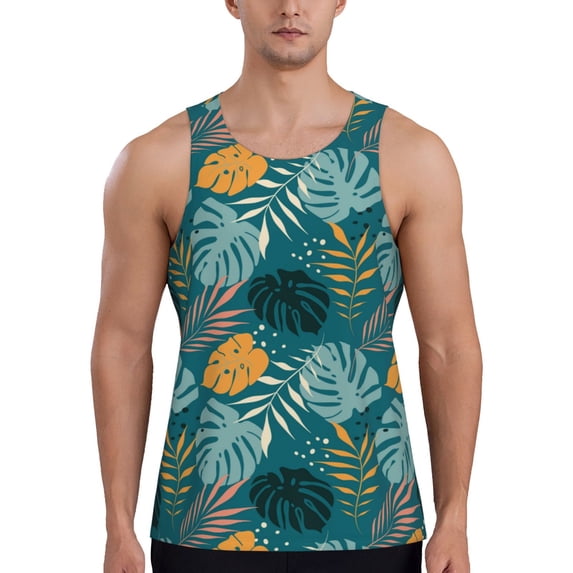 Haiem Tropical Leaves Men Workout Tank Top Gym Bodybuilding Sleeveless Muscle T Shirts Athletic Tank Breathable Workout Shirt-Medium