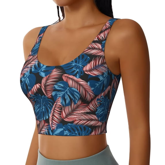 Haiem Tropical Leaves Pattern Womens Sports Bra - U Neck Padded Low Impact Yoga Bra Workout Crop Top Gym Moisture-Wicking Workout Vest -Large