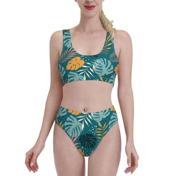 Haiem Tropical Leaves Women's High Waisted Bikini Set Two Piece Bathing Suits High Cut Bikini Cut Out Swimsuits Scoop Neck Swimsuit-Large