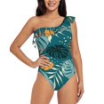 thumbnail image 1 of Haiem Tropical Leaves Women's One Piece Swimsuits Tummy Control One Shoulder Bathing Suits Ruffle Swimwear-Small, 1 of 8
