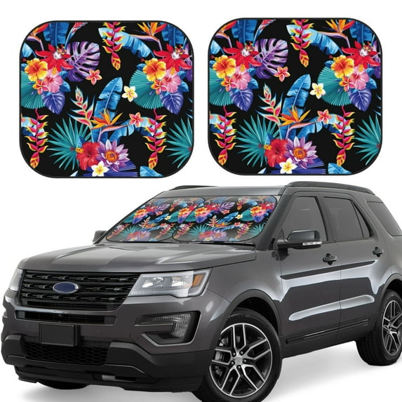 Haiem Tropical Palm Leaves Windshield Sun Shade: Universal Foldable 2-Piece Car Front Window Sunshade - Blocks Uv Rays, And Reduces Heat,Essential Car Accessory Small
