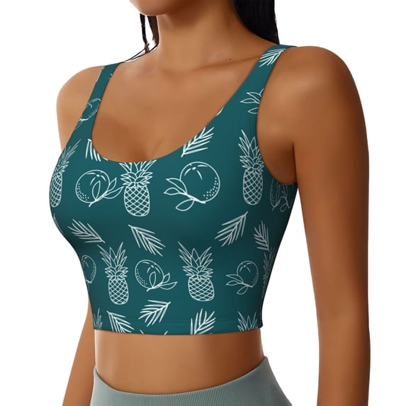 Haiem Tropical Pineapple Pattern Womens Sports Bra - U Neck Padded Low Impact Yoga Bra Workout Crop Top Gym Moisture-Wicking Workout Vest -XX-Large