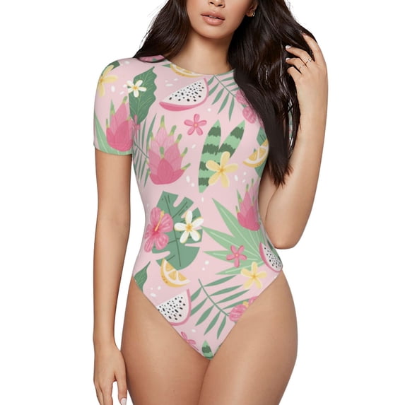 Haiem Tropical Pitaya Women's Crew Neck Short Sleeve Bodysuit Tops Stretchy Slim Basic-Large