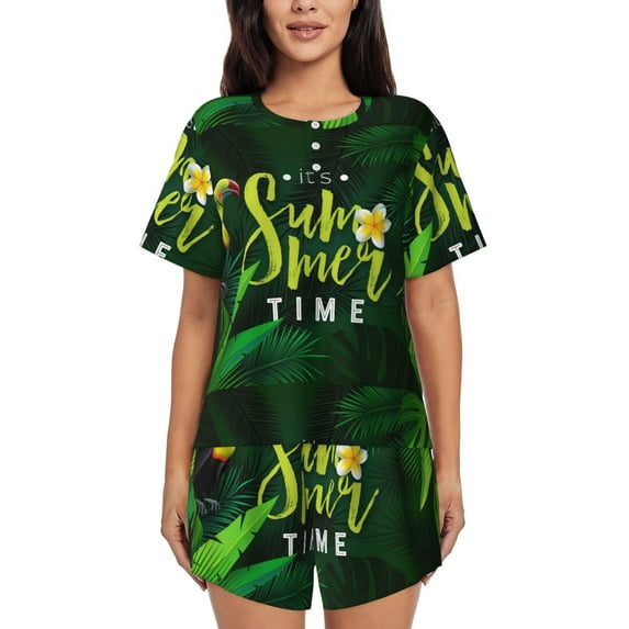 Haiem Tropical Summer Vibes Pattern Pajama Set for Women 2 Piece Lounge Set Short Sleeve Tops and Shorts Soft Sleepwear-Small