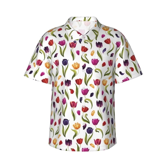 Haiem Tulips Flowers Printed Hawaiian Shirt for Men - Men’s Casual Beach Summer Shirts - Stretch Fabric with Modern Fit-Medium