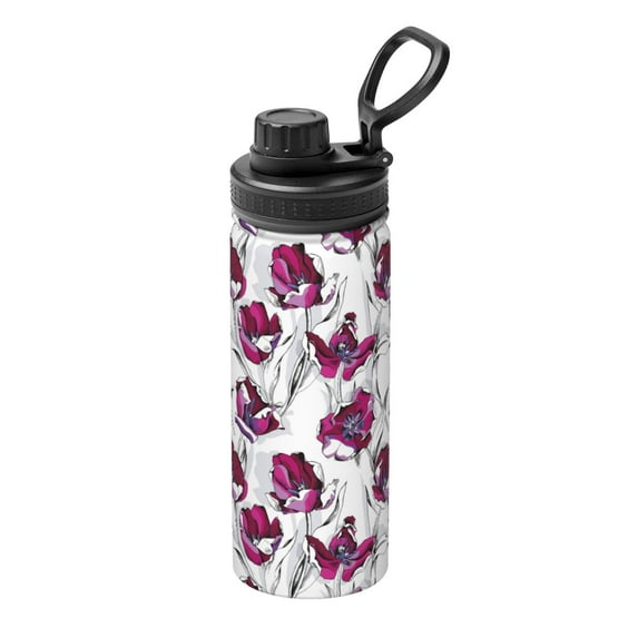 Haiem Tulips Flowers Printed Sports Insulated Kettle 18oz stainless steel kettle Leak-proof Water Bottle,Double-wall Insulated Bottle for Travel,Sports,Fitness