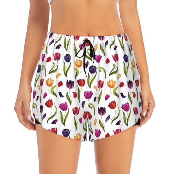 Haiem Tulips Flowers Women's 2 in 1 Running Shorts - Lightweight Athletic Workout Gym Yoga Breathable Sports Shorts Liner with Phone Pockets-Small