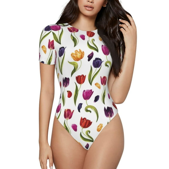 Haiem Tulips Flowers Women's Crew Neck Short Sleeve Bodysuit Tops Stretchy Slim Basic-Small