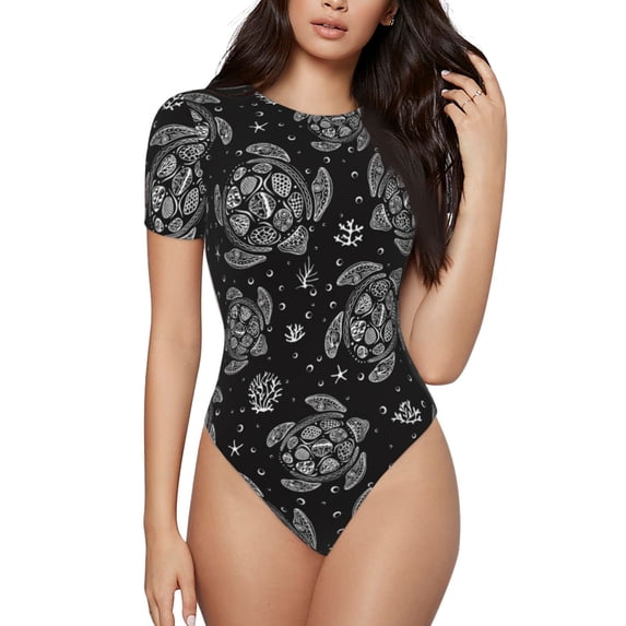 Haiem Turtle Women's Crew Neck Short Sleeve Bodysuit Tops Stretchy Slim Basic-XX-Large