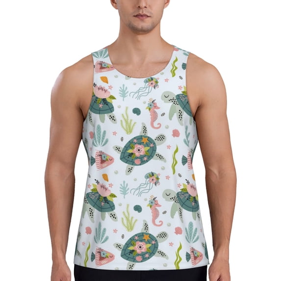 Haiem Turtle and Sea Life Men Workout Tank Top Gym Bodybuilding Sleeveless Muscle T Shirts Athletic Tank Breathable Workout Shirt-Small