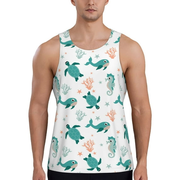 Haiem Turtles And Seahorses Men Workout Tank Top Gym Bodybuilding Sleeveless Muscle T Shirts Athletic Tank Breathable Workout Shirt-X-Large