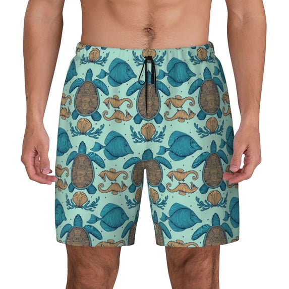 Haiem Turtles And Seahorses Mens Swim Trunks with Compression Liner 2 in 1 Swimming Shorts Stretch Swimwear Quick Dry,Board Shorts-Large